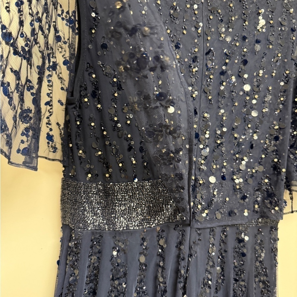 NWT | Mac Duggal Blue 93784 Midnight Blue Maxi Gown  Flutter Sleeves Size 10 - Picture 12 of 15